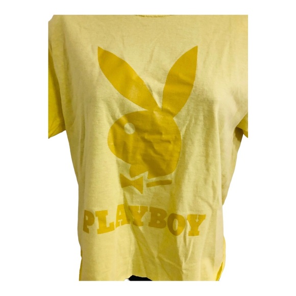 playboy‎ yellow slightly crop raglan hem iconic playboy logo t-shirt size small - Picture 7 of 11